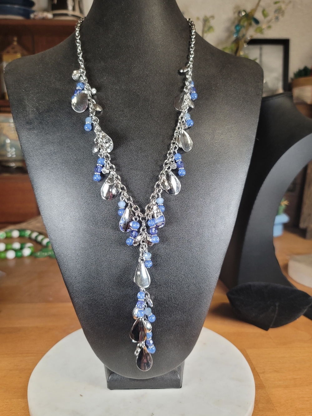 paparazzi Silver Necklace with Blue Beads and Teardrop Charms